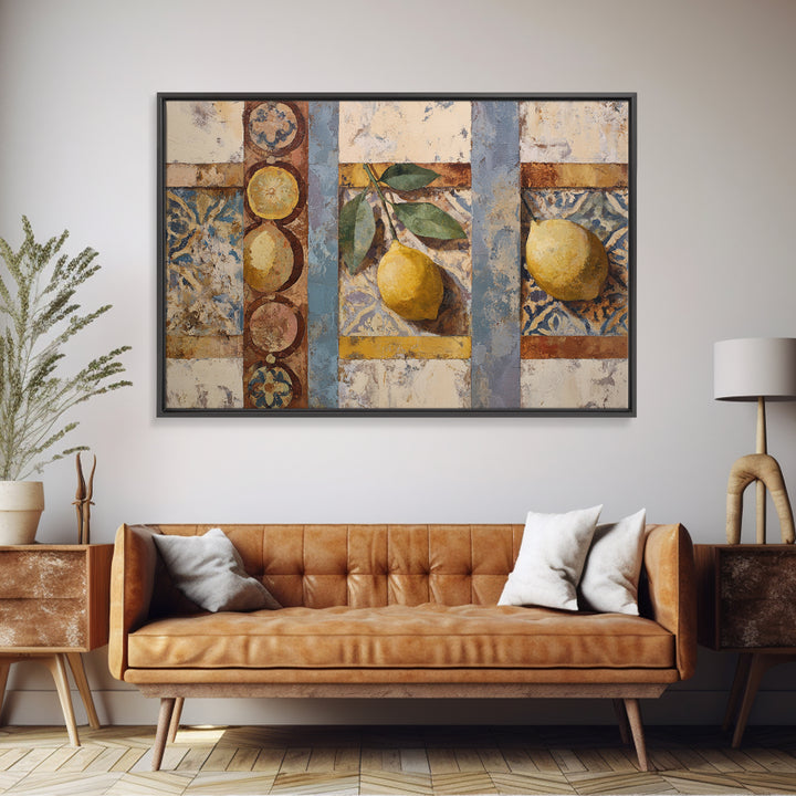 Mediterranean Lemons and Blue Tile Pattern Framed Canvas Print, Patio Art, Floral Art, Patio Decor, Fine Art, Outdoor, PAT-3x2-78