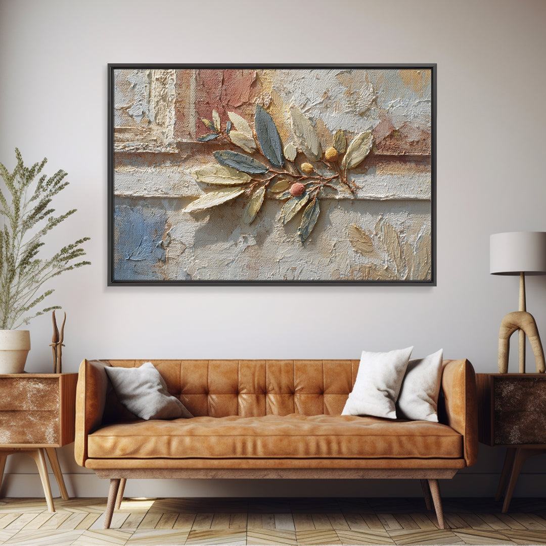 Olive Branch Wreath on Warm Plaster Framed Canvas Print, Patio Art, Family Wall Art, Patio Decor, Fine Art, Outdoor, Room Decor, PAT-3x2-85