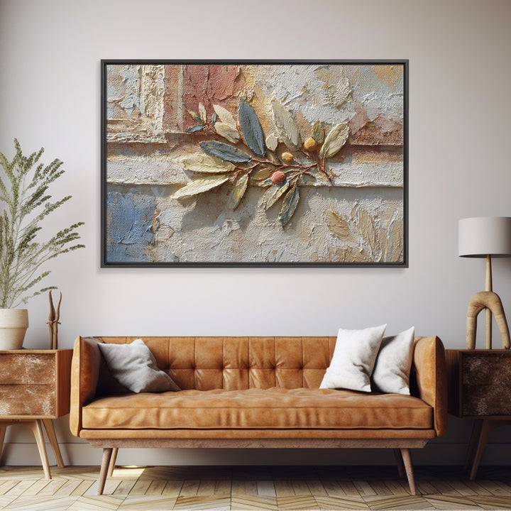 Olive Branch Wreath on Warm Plaster Framed Canvas Print, Patio Art, Family Wall Art, Patio Decor, Fine Art, Outdoor, Room Decor, PAT-3x2-85