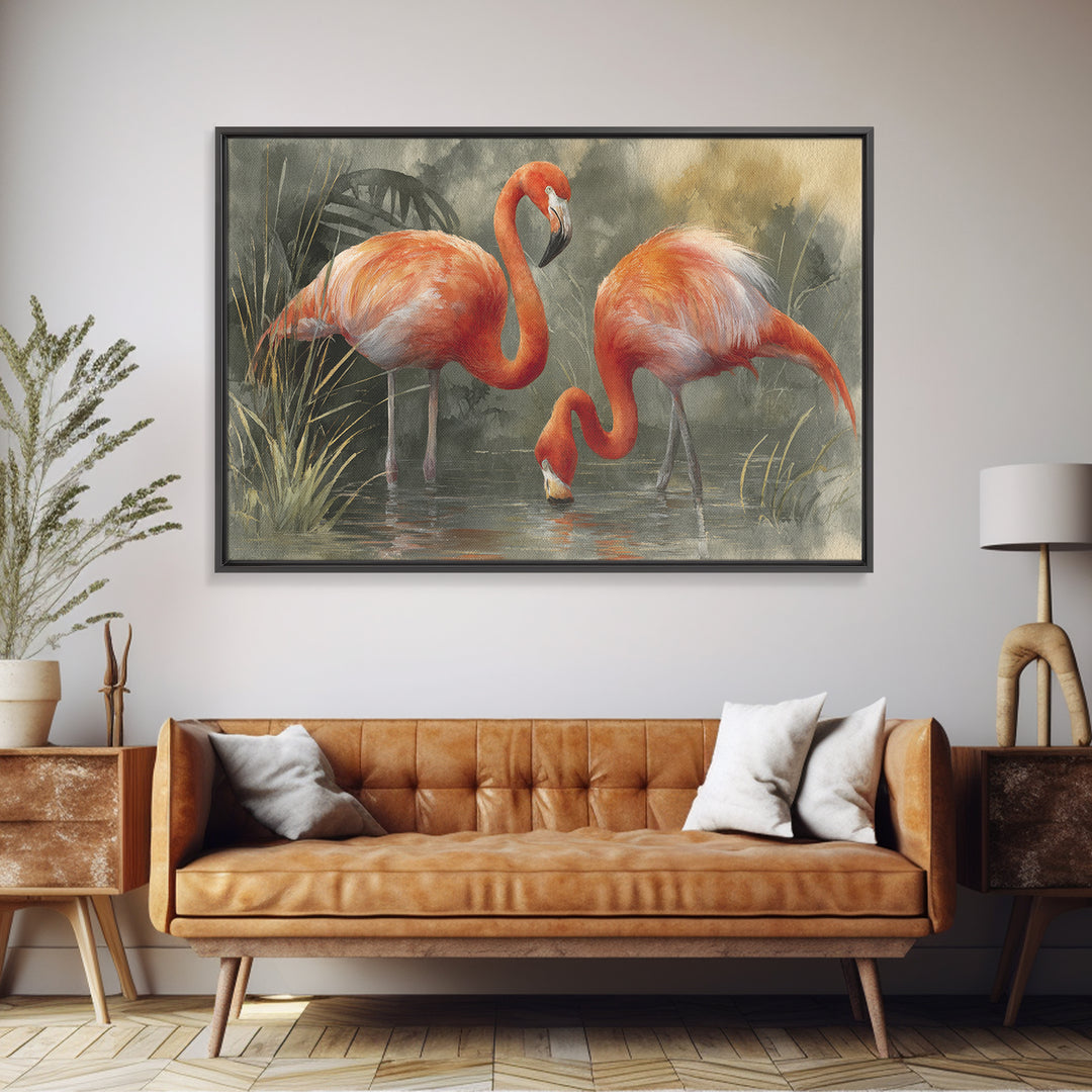 Flamingo Pair Beside Shallow Water Framed Canvas Print, Patio Art, Patio Decor, Fine Art, Outdoor, Gallery Decor, Neutral Decor, PAT-3x2-86