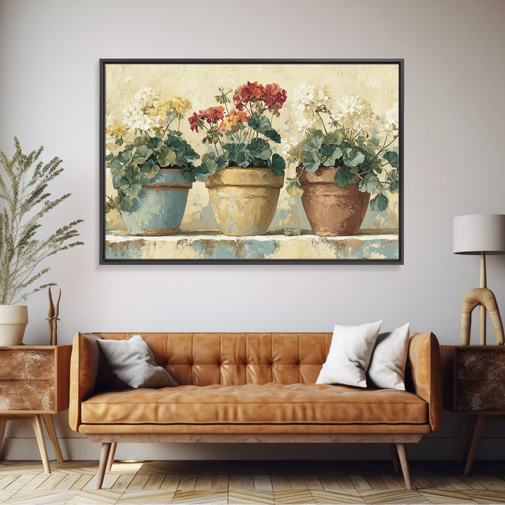Potted Geraniums in Rustic Clay Pots Framed Canvas Print, Patio Art, Beach Art, Patio Decor, Fine Art, Outdoor, Neutral Decor, PAT-3x2-90