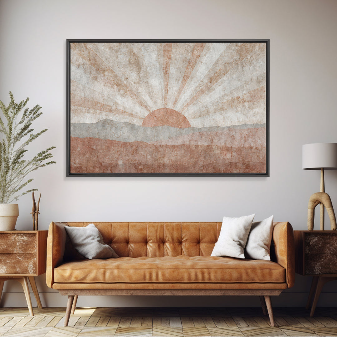 Sun Motif with Warm Terracotta Rays Canvas Print, Patio Art, Beach House Decor, Patio Decor, Abstract Art, Outdoor, PAT-3x2-94