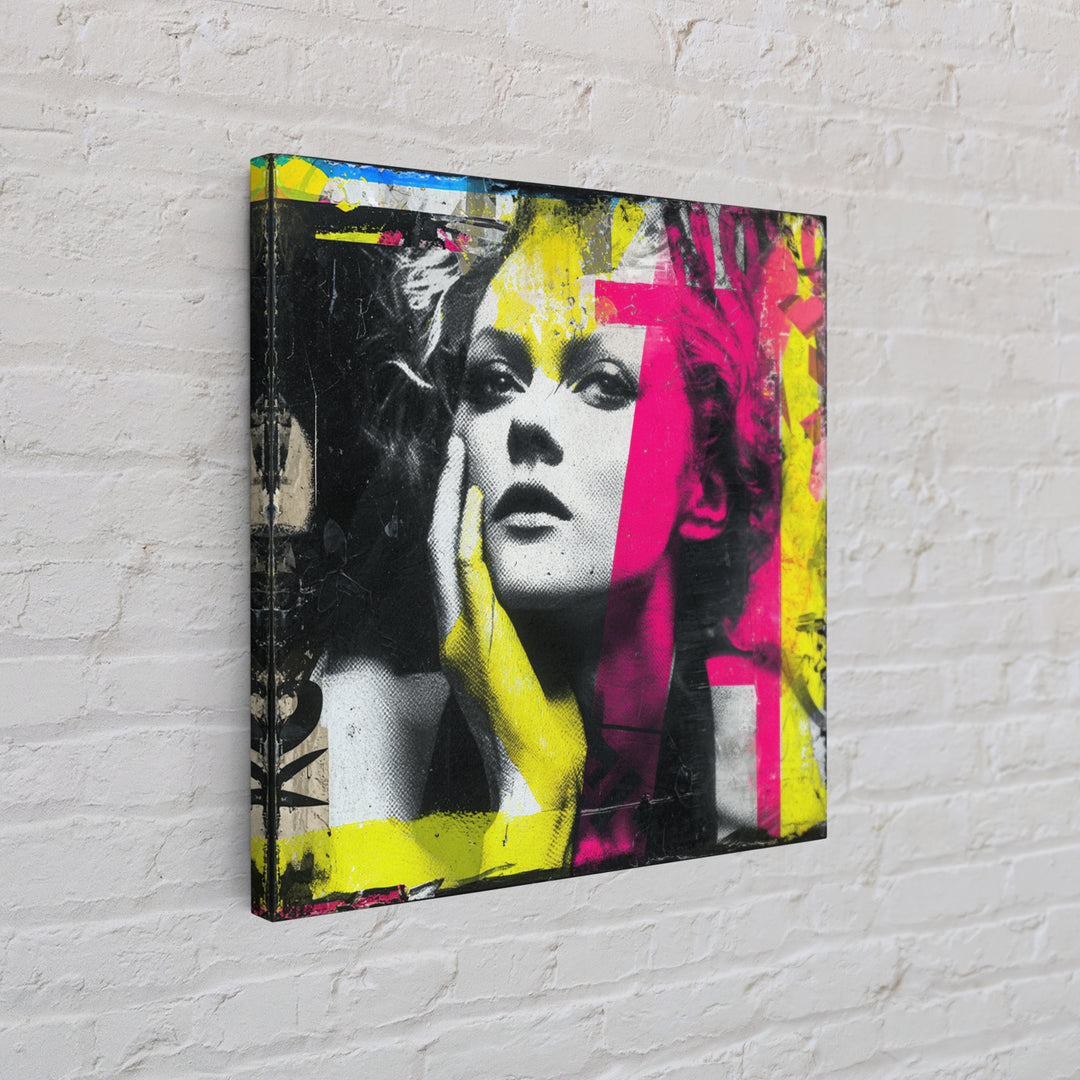 Neon Portrait with Thick Black Outlines Framed Canvas Print, Pop Art, Eclectic Home Decor, Living Room Decor, Fine Art, Pop, POP-1x1-100