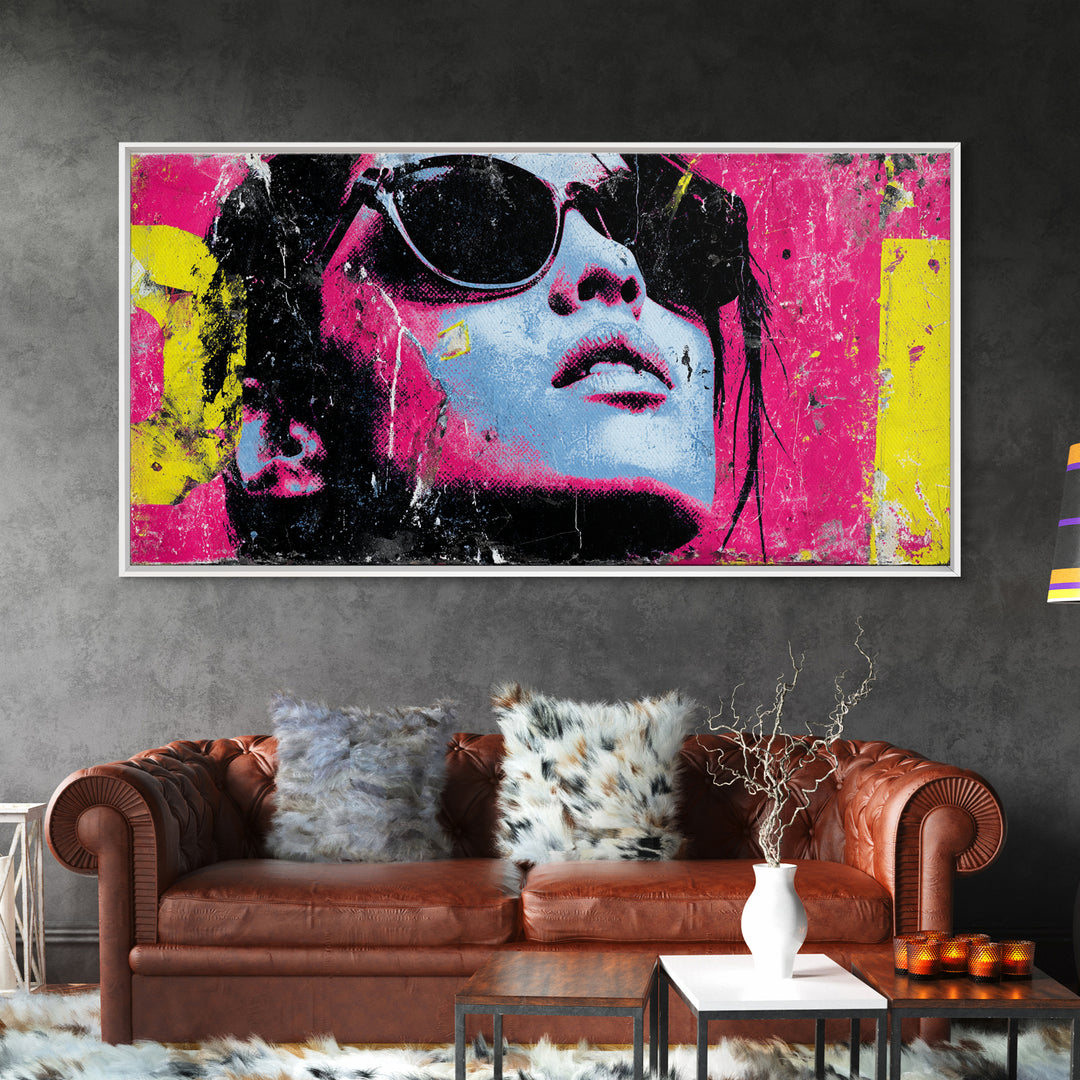 Glamorous Sunglasses Face Framed Canvas Print, Pop Art, Food Art, Living Room Decor, Pop, Fine Art Print, Statement Artwork, POP-2x1-100