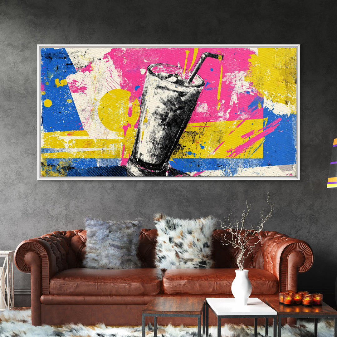 Milkshake Glass with Retro Diner Palette Framed Canvas Print, Pop Art, Art Print, Living Room Decor, Pop, Custom Portrait, POP-2x1-12