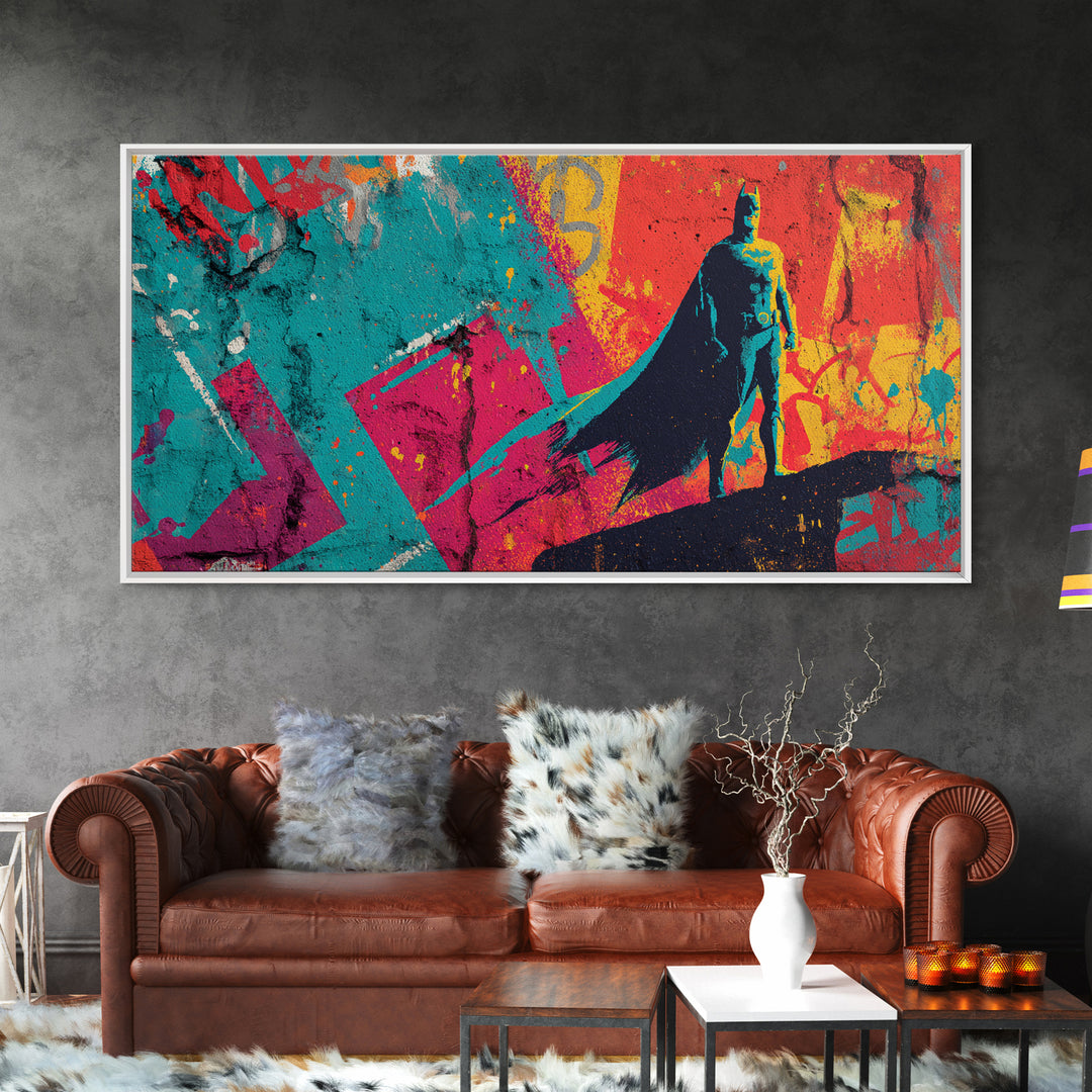 Superhero Silhouette in Dynamic Color Fields Framed Canvas Print, Pop Art, Living Room Decor, Abstract Art, Pop, POP-2x1-35