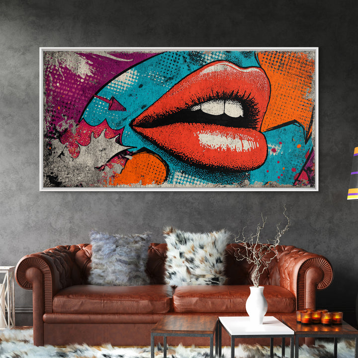Bold Comic Lips Framed Canvas Print, Pop Art, Decor, Living Room Decor, Fine Art, Pop, Dopamine Decor, Mexican Art, Modern Art, POP-2x1-45