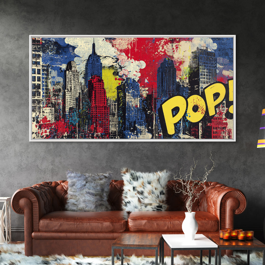 Comic Book City Skyline Canvas Print, Pop Art, Custom Portrait, Living Room Decor, Abstract Art, Pop, Mexican Art, Modern Art, POP-2x1-49