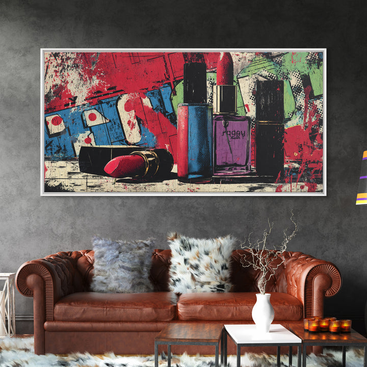 Lipstick and Perfume Fashion Still Life Canvas Print, Pop Art, Custom Portrait, Living Room Decor, Fine Art, Pop, Mexican Art, POP-2x1-64