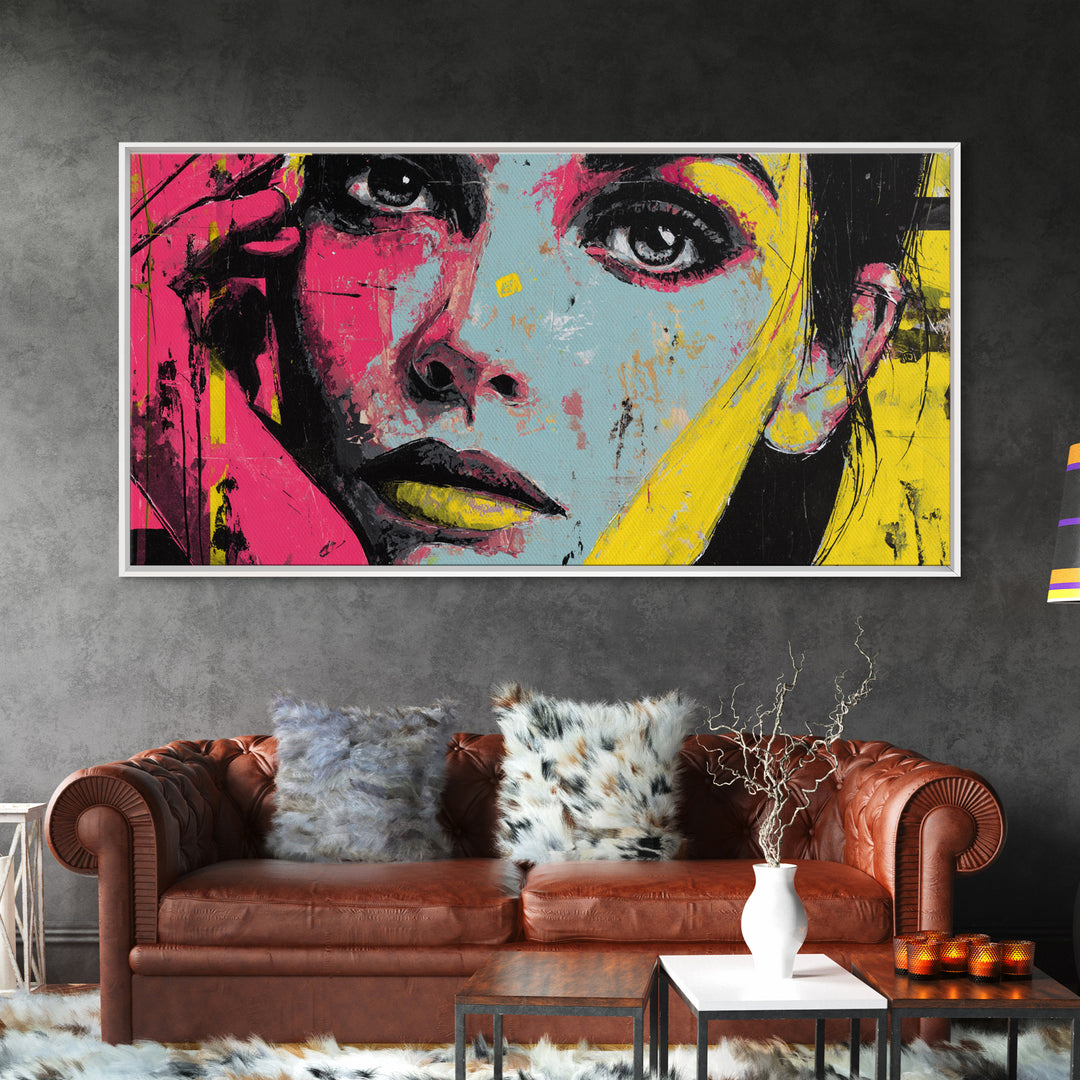 Neon Portrait with Thick Black Outlines Framed Canvas Print, Pop Art, Canvas, Living Room Decor, Oil Painting, Pop, Food Art, POP-2x1-72