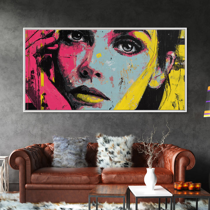 Neon Portrait with Thick Black Outlines Framed Canvas Print, Pop Art, Canvas, Living Room Decor, Oil Painting, Pop, Food Art, POP-2x1-72