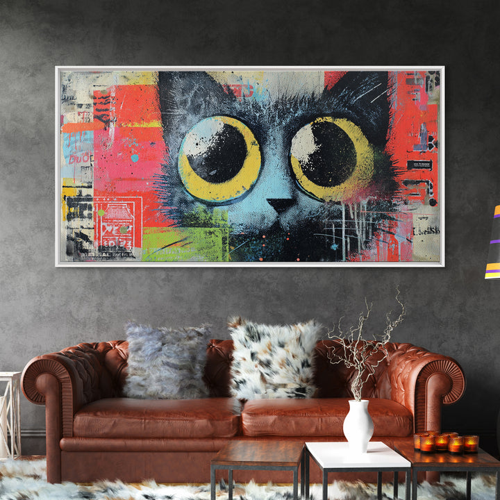 Comic Cat with Oversized Eyes Framed Canvas Print, Pop Art, Home Decor, Living Room Decor, Fine Art, Pop, Canvas Wall Art, POP-2x1-86