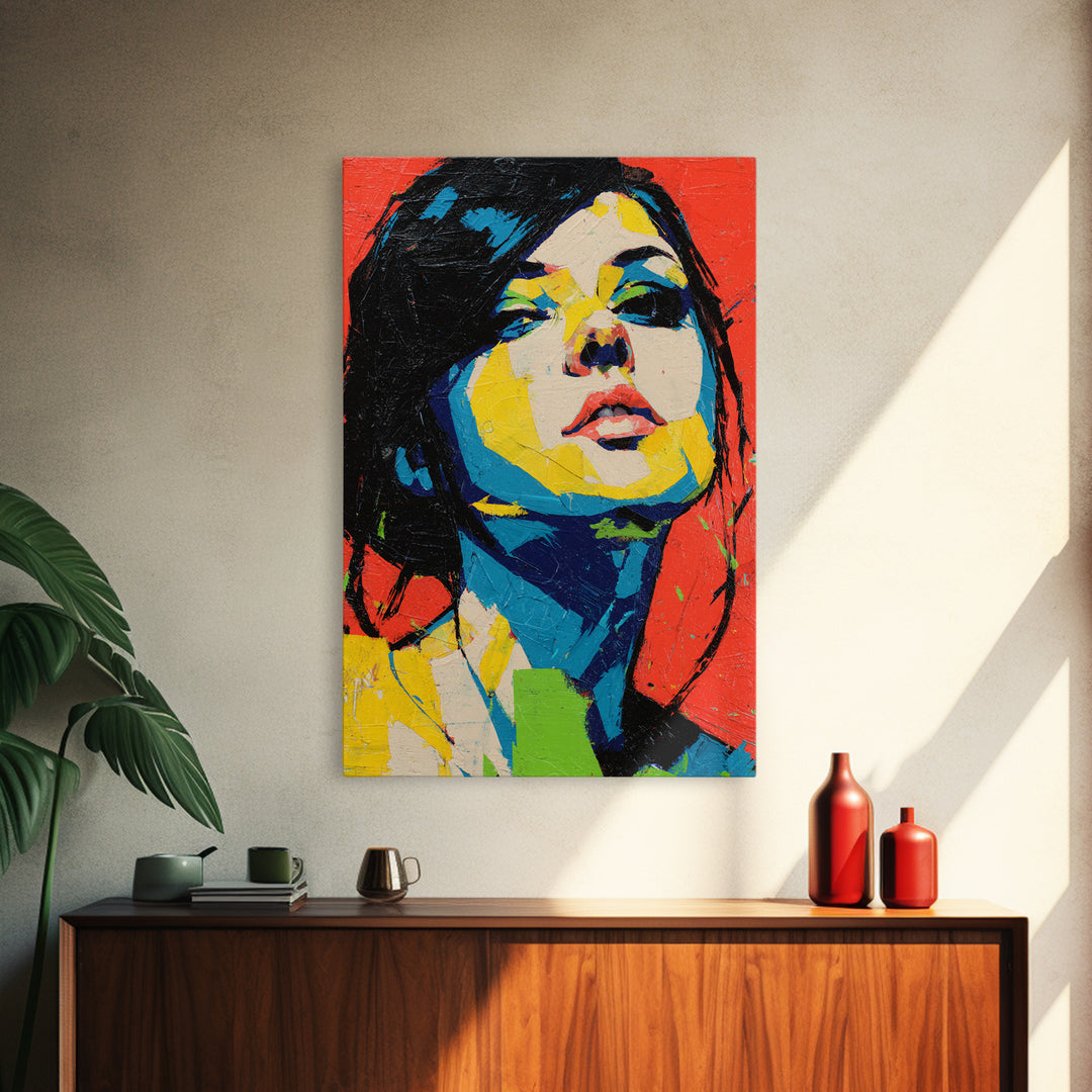 Neon Portrait with Thick Black Outlines Framed Canvas Print, Pop Art, Minimalist Decor, Living Room Decor, Fine Art, Pop, POP-2x3-12
