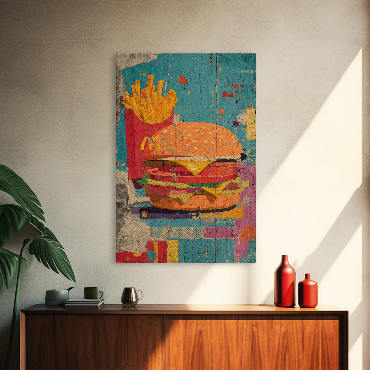 Hamburger and Fries Framed Canvas Print, Pop Art, Wall Decor, Living Room Decor, Abstract Art, Pop, Portrait, Apartment Decor, POP-2x3-17
