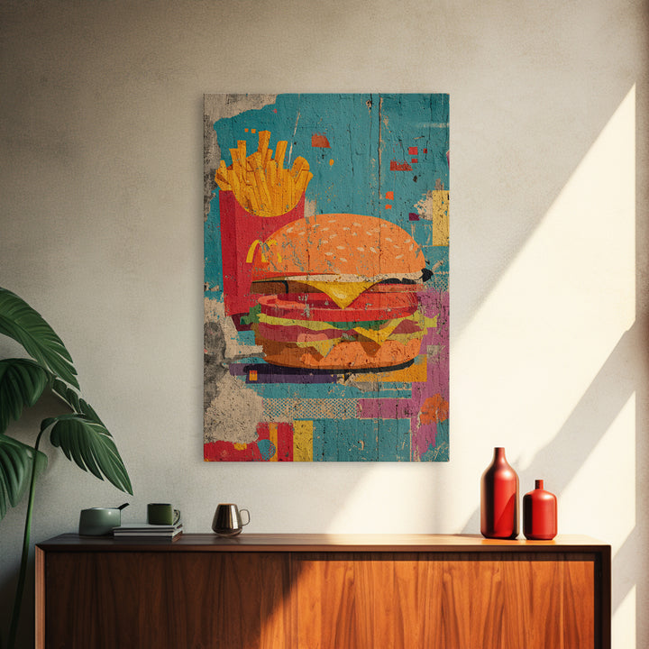Hamburger and Fries Framed Canvas Print, Pop Art, Wall Decor, Living Room Decor, Abstract Art, Pop, Portrait, Apartment Decor, POP-2x3-17