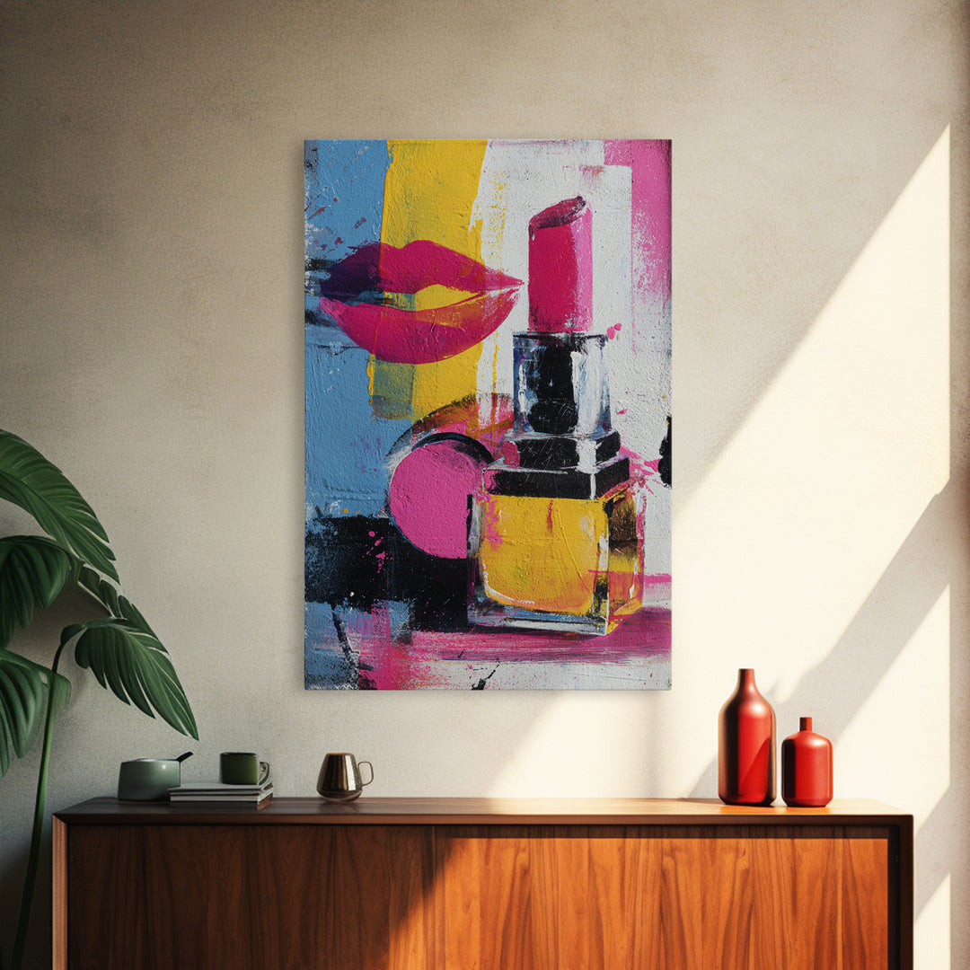 Lipstick and Perfume Fashion Still Life Framed Canvas Print, Pop Art, Canvas Wall Art, Living Room Decor, Fine Art, Pop, POP-2x3-28