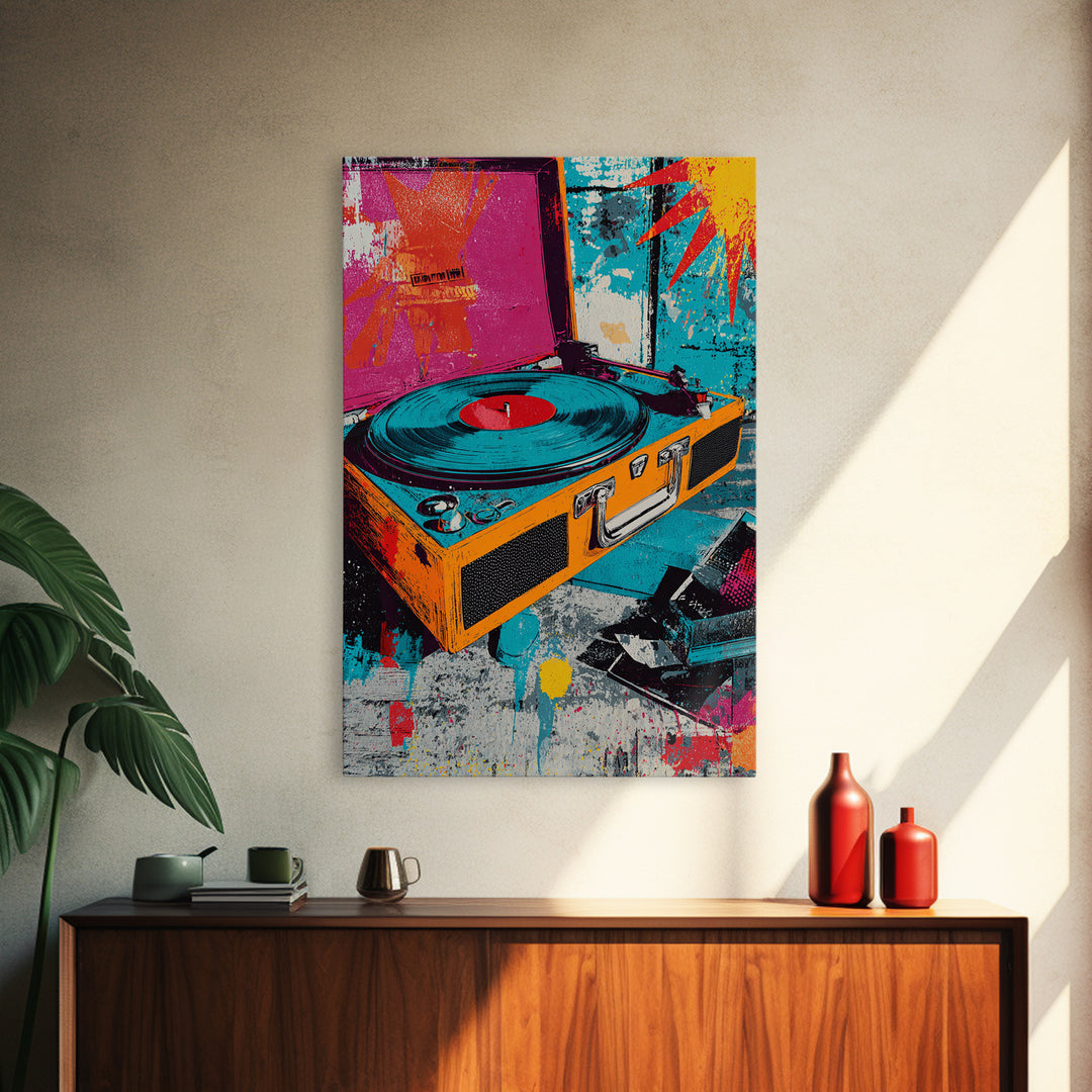 Record Player with Graphic Sound Rays Canvas Print, Pop Art, Minimalist Decor, Living Room Decor, Fine Art, Pop, Oil Painting, POP-2x3-54