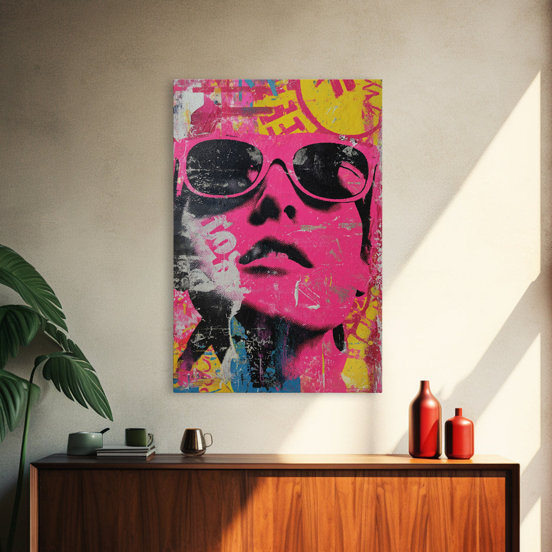 Glamorous Sunglasses Face Framed Canvas Print, Pop Art, Custom Portrait, Living Room Decor, Fine Art, Pop, Mexican Art, POP-2x3-88