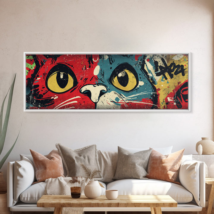 Comic Cat with Oversized Eyes Framed Canvas Print, Pop Art, Original Art, Living Room Decor, Fine Art, Pop, Original Artwork, POP-3x1-58