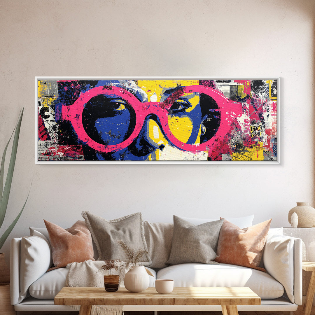 Glamorous Sunglasses Face Framed Canvas Print, Pop Art, Wall Art, Living Room Decor, Pop, Original Art, Canvas Wall Art, POP-3x1-72