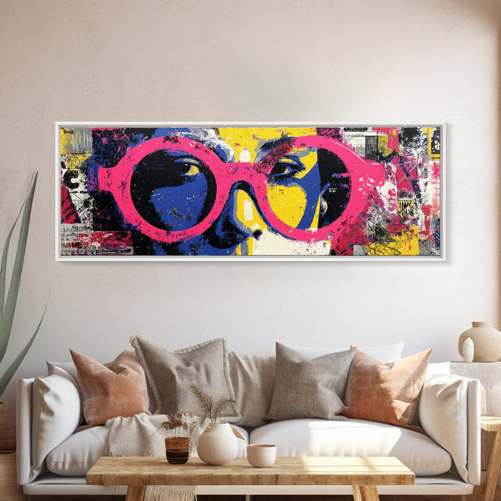 Glamorous Sunglasses Face Framed Canvas Print, Pop Art, Wall Art, Living Room Decor, Pop, Original Art, Canvas Wall Art, POP-3x1-72