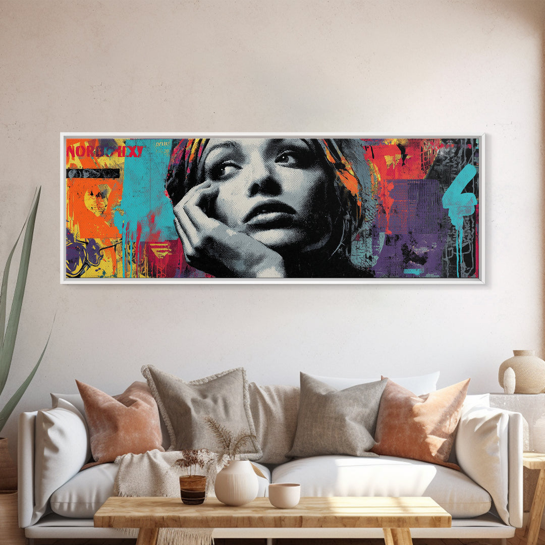 Neon Portrait with Thick Black Outlines Canvas Print, Pop Art, Painting, Living Room Decor, Fine Art, Pop, Apartment Decor, POP-3x1-92