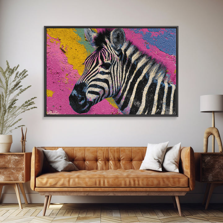 Zebra in Rainbow Pop Pattern Framed Canvas Print, Pop Art, Canvas Painting, Living Room Decor, Watercolor Art, Pop, POP-3x2-41