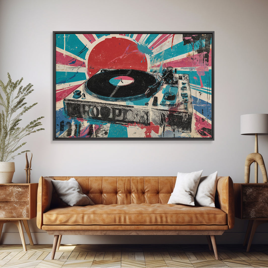 Record Player with Graphic Sound Rays Framed Canvas Print, Pop Art, Bedroom Decor, Living Room Decor, Oil Painting, Pop, POP-3x2-74