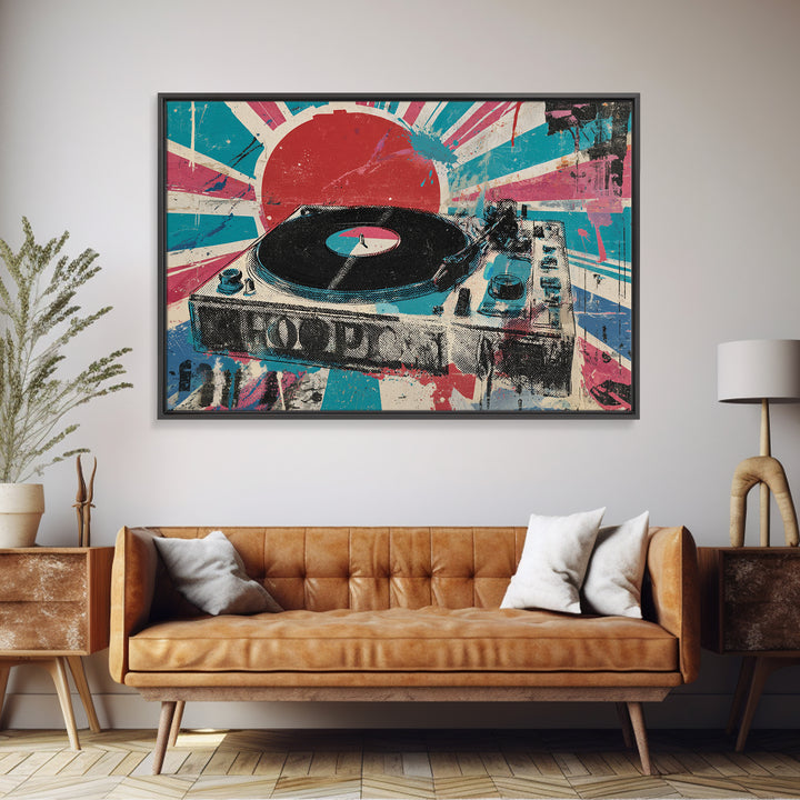 Record Player with Graphic Sound Rays Framed Canvas Print, Pop Art, Bedroom Decor, Living Room Decor, Oil Painting, Pop, POP-3x2-74