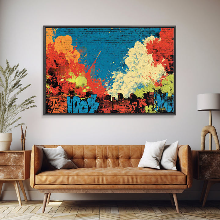 Comic Book City Skyline Framed Canvas Print, Pop Art, Football Wall Art, Living Room Decor, Abstract Art, Pop, Art Print, POP-3x2-81