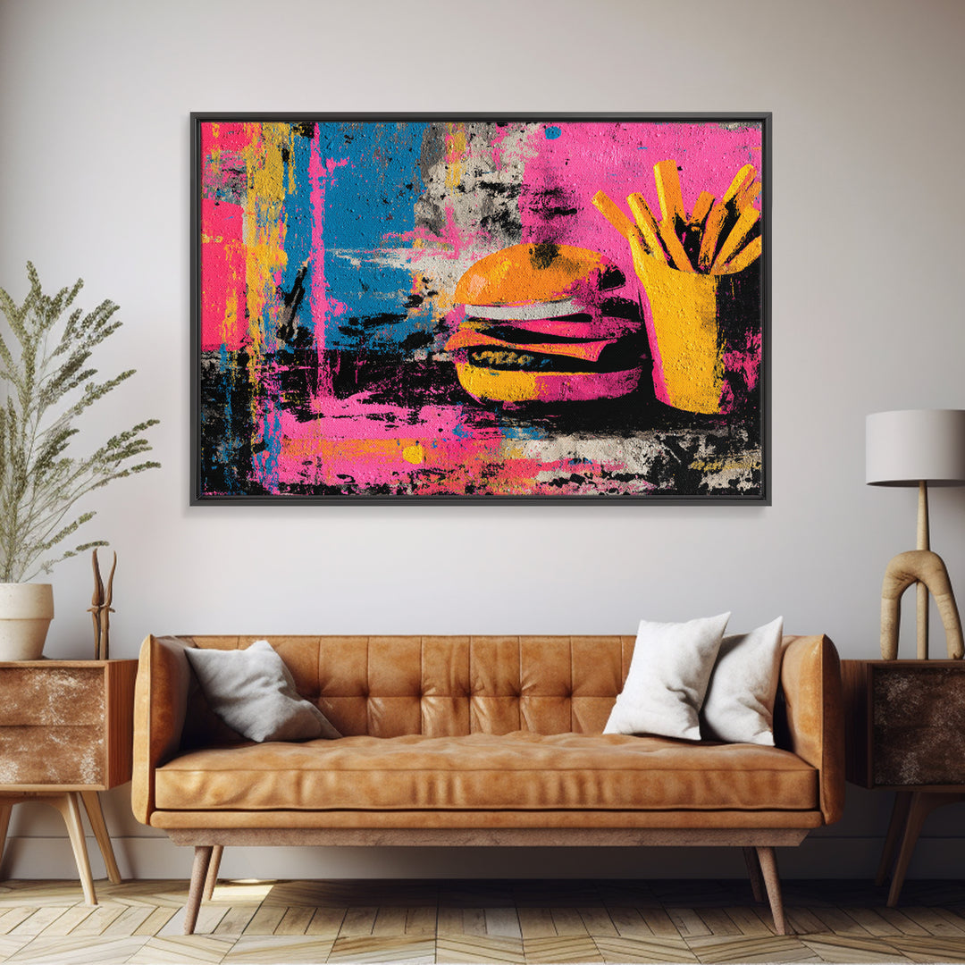 Hamburger and Fries Framed Canvas Print, Pop Art, Party Decor, Living Room Decor, Fine Art, Pop, Textured Painting, POP-3x2-85