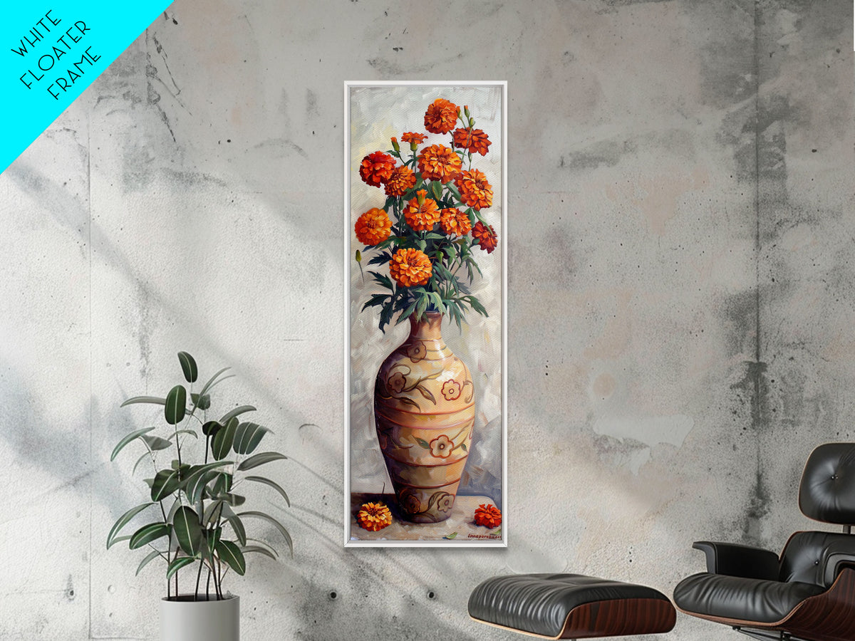 Orange Marigolds in Vase Painted on Textured Canvas, Tall and Narrow Framed Art, Botanical Art Print for Kitchen, Gallery Art, Moody Art