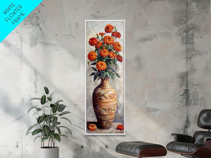 Orange Marigolds in Vase Painted on Textured Canvas, Tall and Narrow Framed Art, Botanical Art Print for Kitchen, Gallery Art, Moody Art