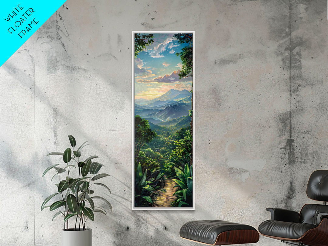Jungle Landscape Canvas Painting, Tropical Wall Art Print, Mountain Art Printed on Framed Canvas, Oversized Narrow Landscape Art