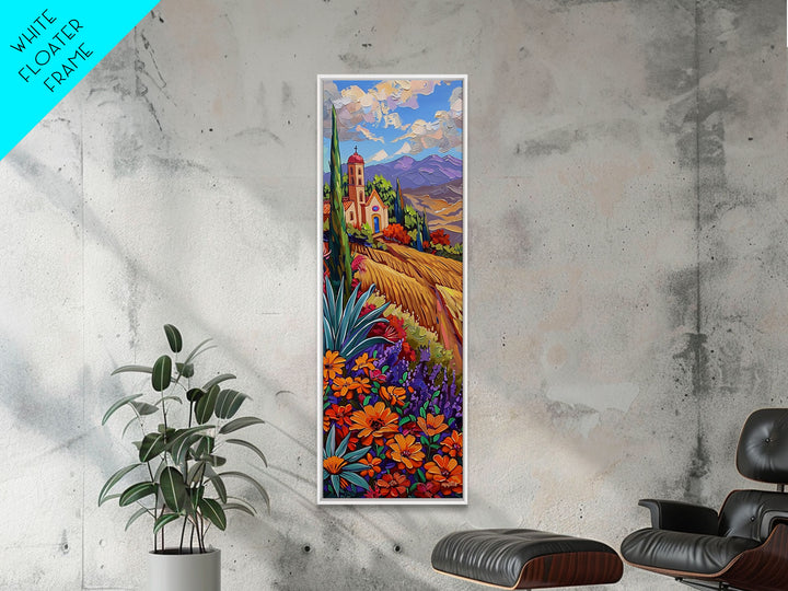 Framed and Printed Canvas Painting of Colorful Tuscan Countryside, Gouache Textured Canvas Painting, Botanical Wall Art Print, Skinny Art