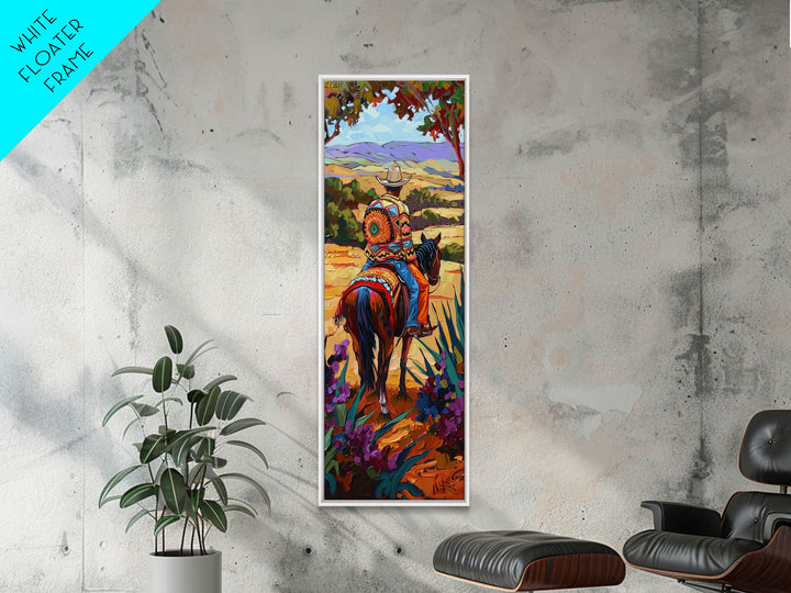 Long Narrow Wall Art Painting of Jalisco Cowboy, Southwest Wall Art Painting, Colorful Desert Canvas Painting Framed and Printed, Office Art