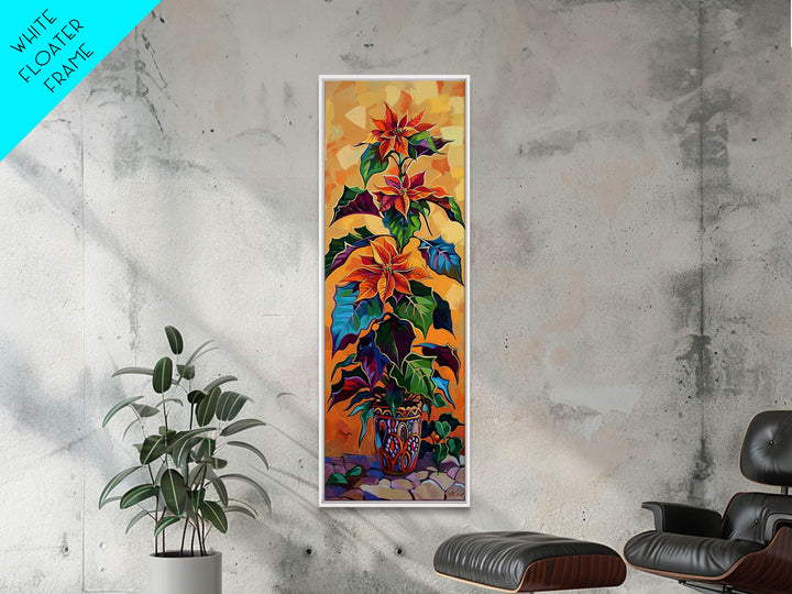 Oversized Spanish Style Poinsettia Canvas Painting Framed and Printed, Botanical Wall Art, Textured Canvas Painting, Vertical Framed Art