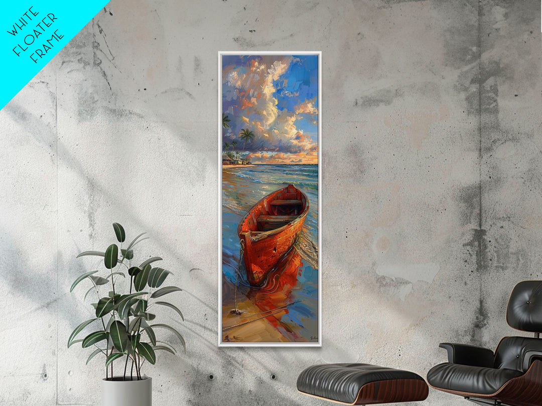 Red Boat on Sandy Shore with Palm Trees - Framed Canvas Print, Midcentury Modern Wall Art, Skinny Art, Tall Art, Living Room Decor