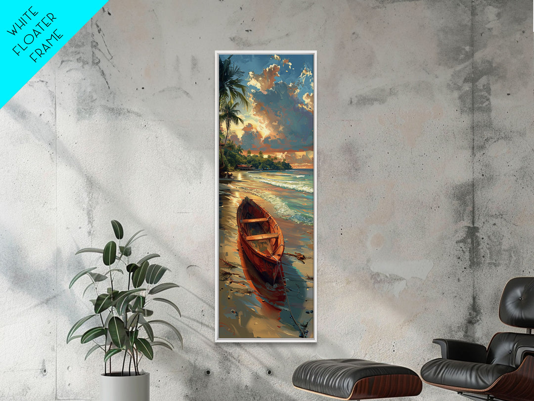 Red Boat Resting on the Shoreline - Framed Canvas Print, Midcentury Modern Wall Art, Skinny Art, Tall Art, Living Room Decor