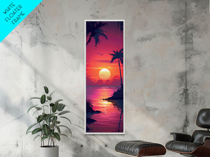 Retro Tropical Sunset Midcentury Modern Art - Framed Canvas Print, Boho Art, Skinny Art, Living Room Art, Bedroom Decor, Coastal Wall Art