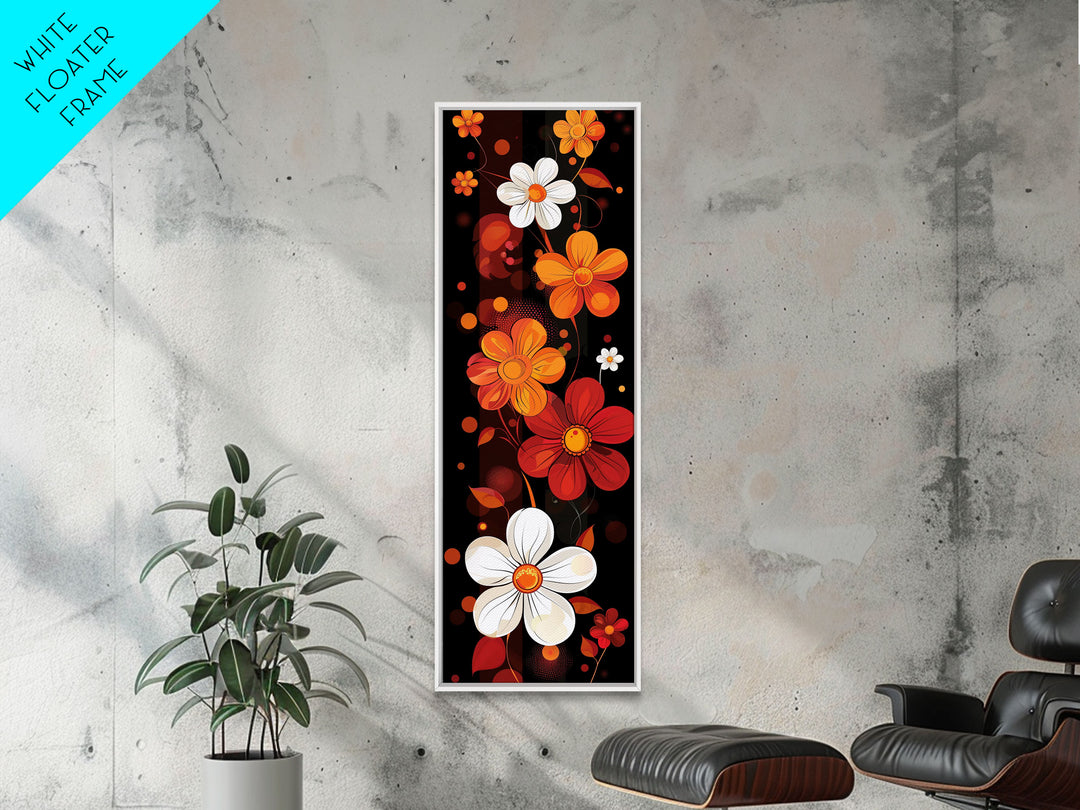 Floral Pattern in Bold Colors - Framed Canvas Print, Midcentury Modern Skinny Art, Tall Wall Art for Living Room or Bedroom Decor