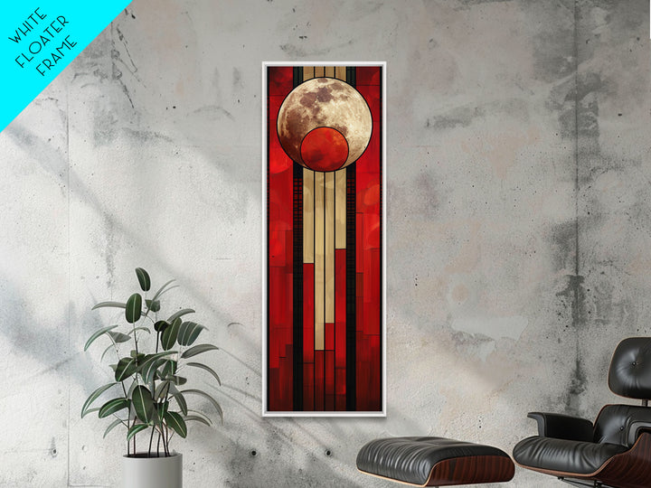 Lunar and Sun Geometric Art in Red and Beige Tones - Framed Canvas Print, Midcentury Modern Art, Skinny Art, Tall Art, Living Room Wall Decor