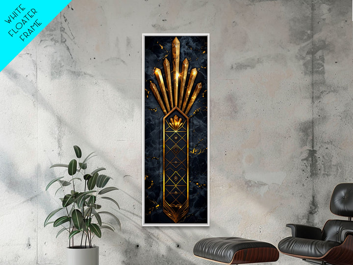 Gold Geometric Art Deco Pattern on Black Background - Framed Canvas Print, Midcentury Modern Art, Skinny Art, Tall Art, Living Room Wall Decor