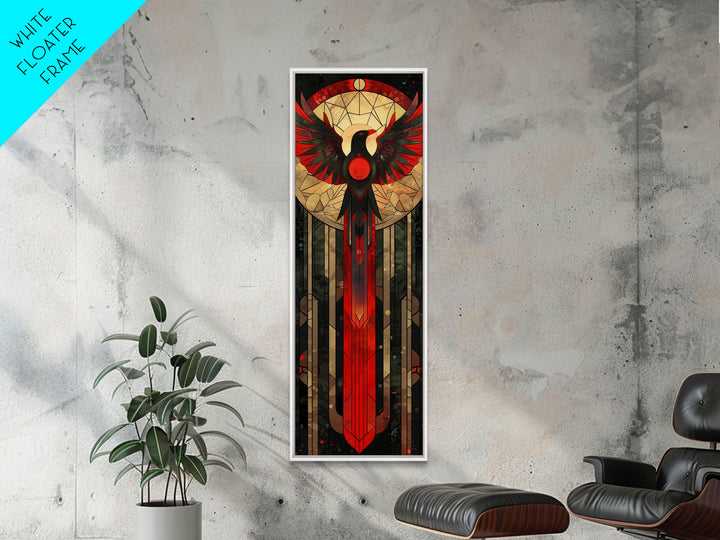 Red and Gold Phoenix Design on Geometric Background - Framed Canvas Print, Midcentury Modern Art, Skinny Art, Tall Art, Living Room Wall Decor, Boho Art