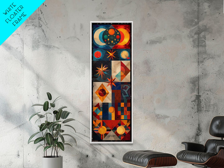 Geometric Cosmic Design in Red and Blue Tones - Framed Canvas Print, Midcentury Modern Art, Skinny Art, Tall Art, Living Room Wall Decor, Boho Art