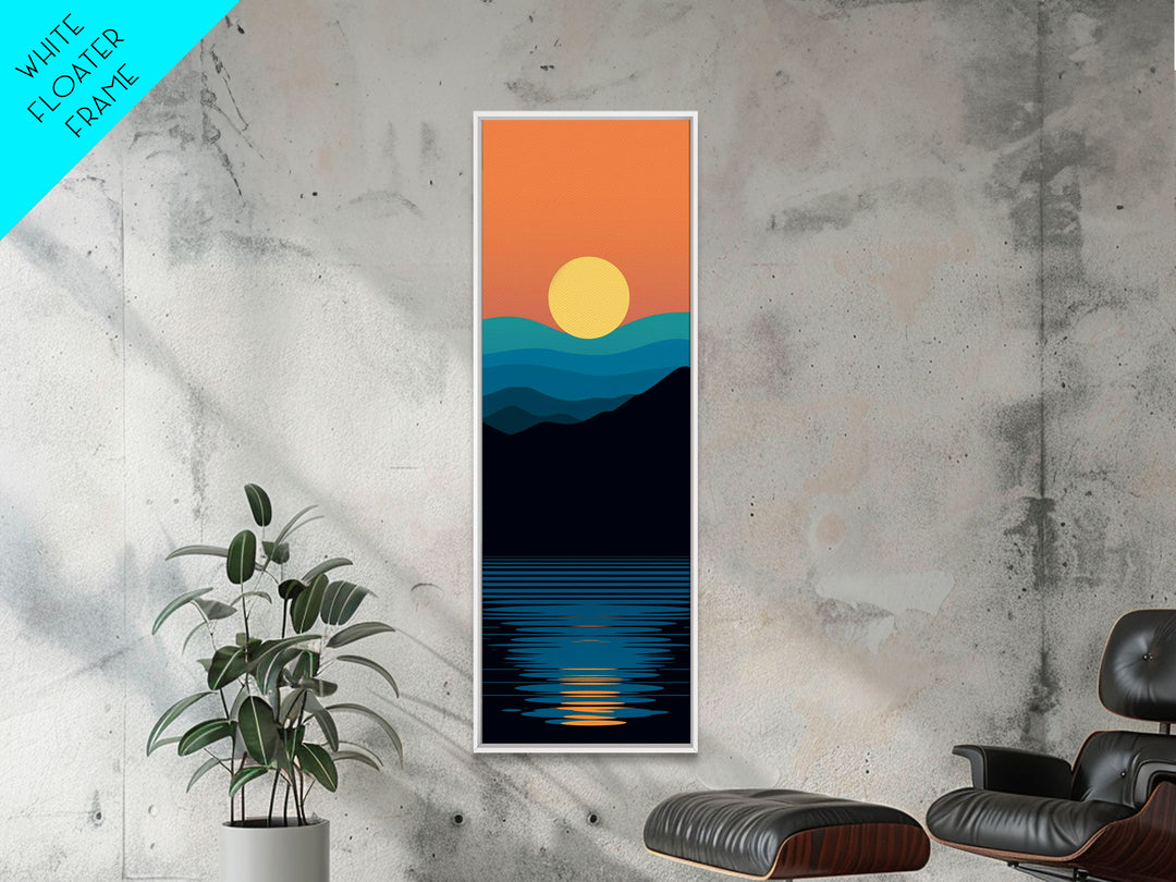 Minimalist Sunset Over Mountains Midcentury Modern Art - Framed Canvas Print, Boho Art, Skinny Art, Living Room Art, Bedroom Decor, Landscape