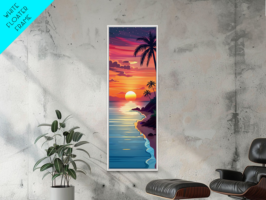 Coastal Sunset Palm Trees Midcentury Modern Art - Framed Canvas Print, Boho Art, Skinny Art, Living Room Art, Bedroom Decor, Tropical Landscape