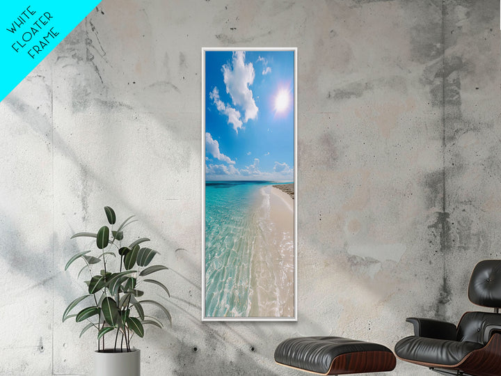 Serene Coastal Shoreline Landscape Painting in Blue and Orange Hues, Modern Framed Canvas Print, Ideal for Contemporary Wall Art Décor