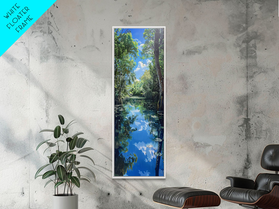 Majestic Waterfall In A Tropical Jungle Skinny Art Framed Canvas Print For Living Room Or Guest Room Wall Art