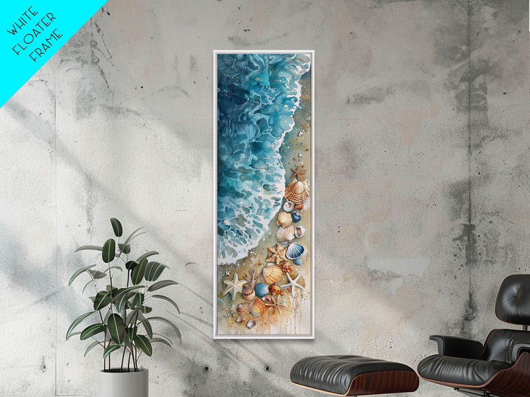 Coastal Beach Watercolor Painting - Framed Canvas Print, Skinny Tall Art, Wall Art for Living Room, Bedroom Decor, Beach Scene Art, Ocean View Print